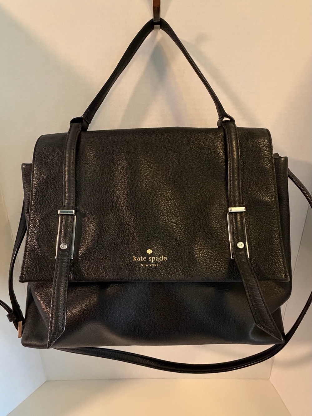 kate spade Black Pebbled Leather Flap Satchel with Gold Logo